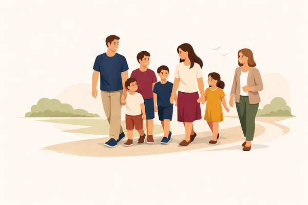 Illustration einer Familie, die von schützenden Händen umgeben ist
